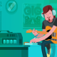 An animated image of guitarist listening music and taking musical notes.